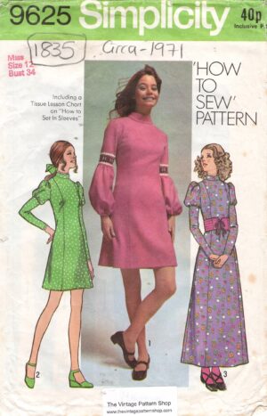 1971 Vintage Sewing Pattern (Bust 34″) DRESS (1835) By Simplicity 9625