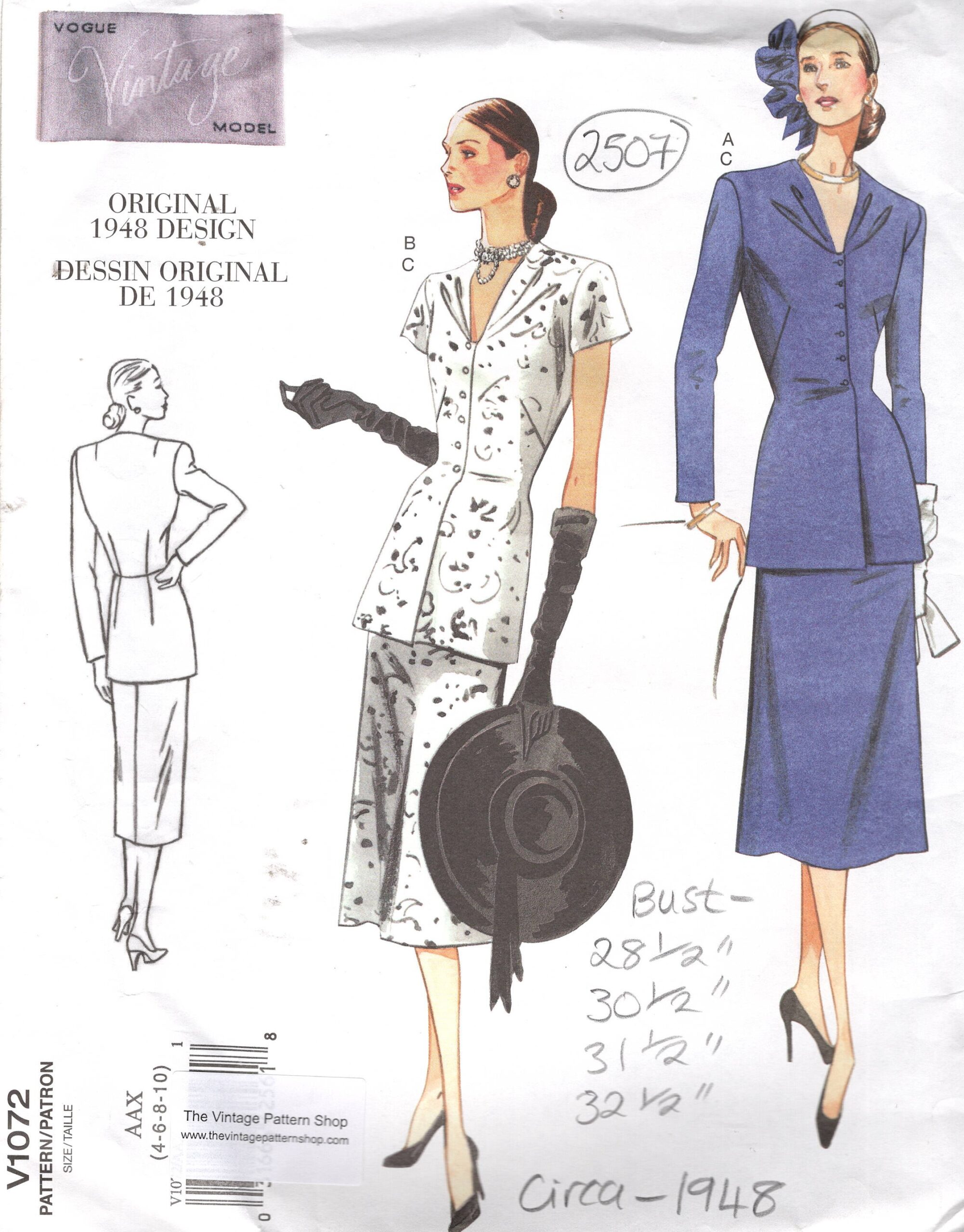 1948 Vintage VOGUE Sewing Pattern BLOUSE & SKIRT (Bust: 28 1/2”-30 1/2”-31 1/2”-32 1/2”) (2507) Vogue V1072