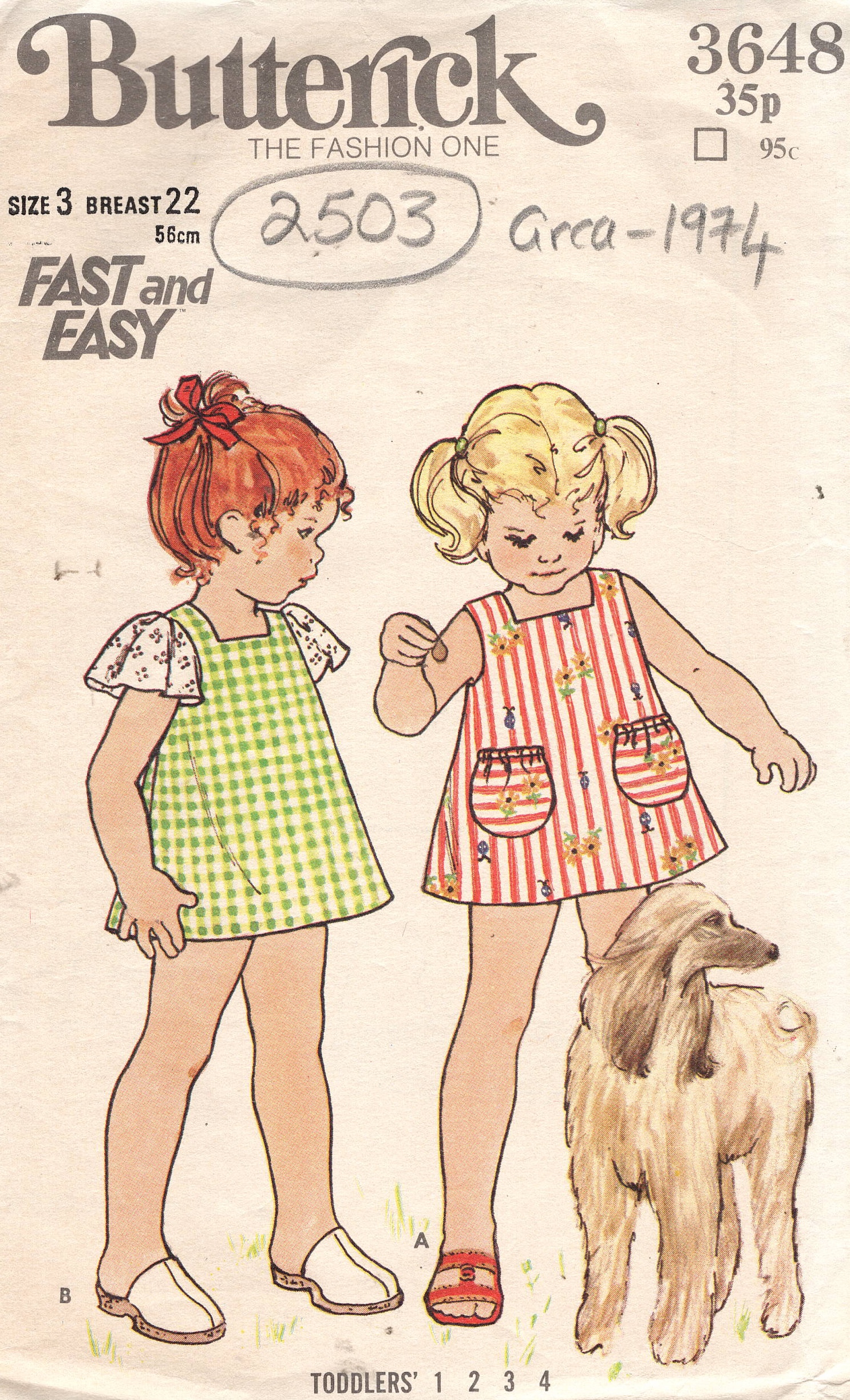 974 Children's Vintage Sewing Pattern (S3 Breast 22”) DRESS (2503) Butterick 3648