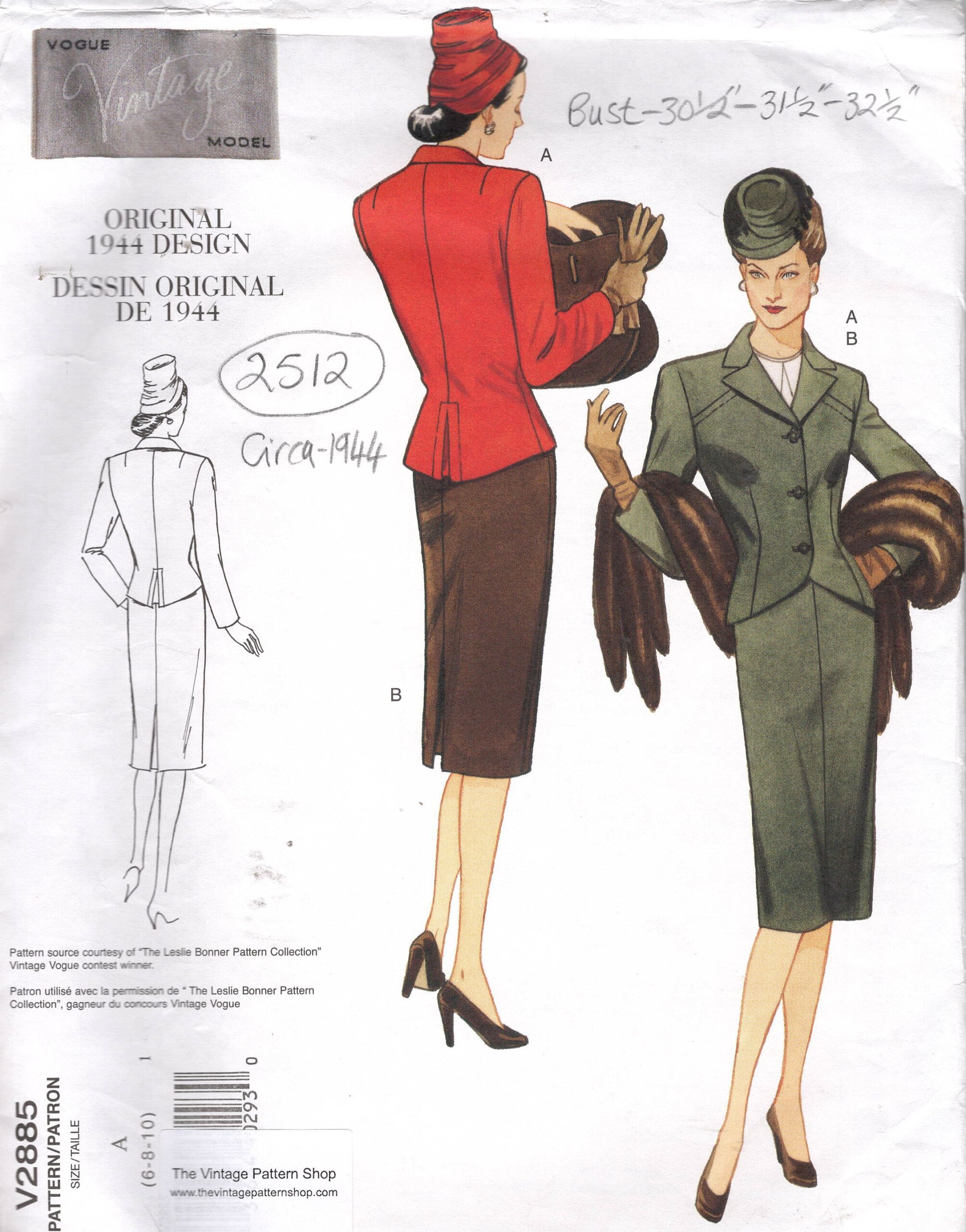 1944 Vintage VOGUE Sewing Pattern JACKET & SKIRT (Bust: 30 1/2”-31 1/2”-32 1/2”) (2512) Vogue V2885