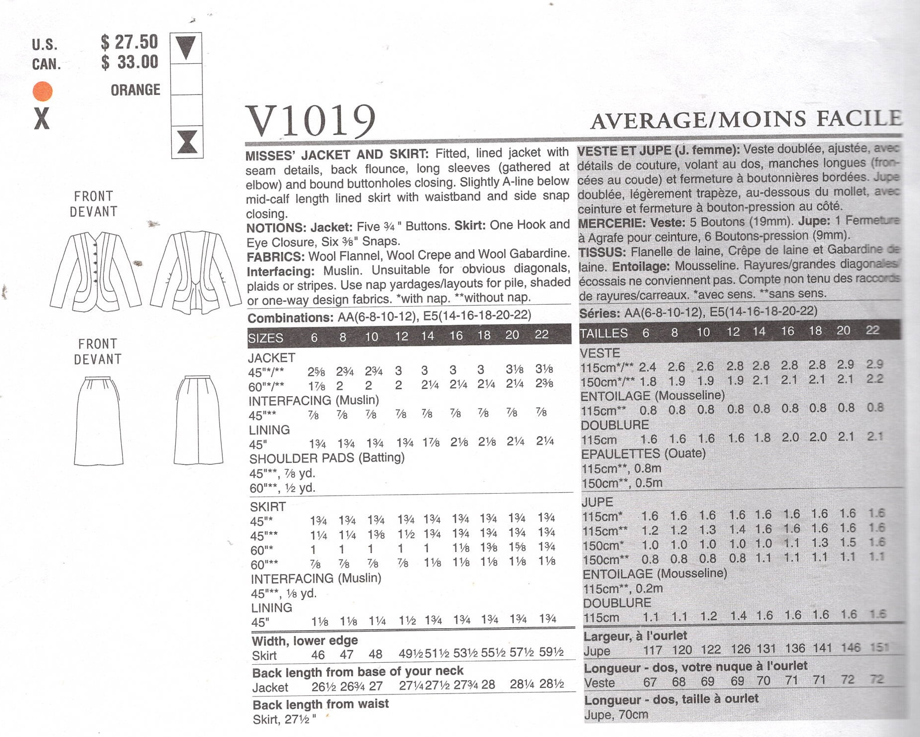1947 Vintage VOGUE Sewing Pattern JACKET & SKIRT (Bust: 30 1/2”-31 1/2”-32 1/2” - 34") (2506) Vogue V1019 - Image 2