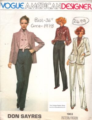 1978 Vintage VOGUE Sewing Pattern B34″ Jacket, Blouse & Pants (2499) Don Sayres VOGUE 1963
