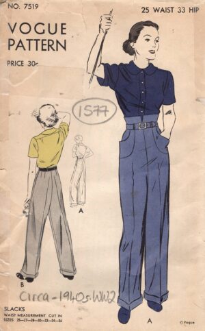 1940s WW2 Vintage VOGUE Sewing Pattern PANTS (Waist 25”) (1577) Vogue 7519
