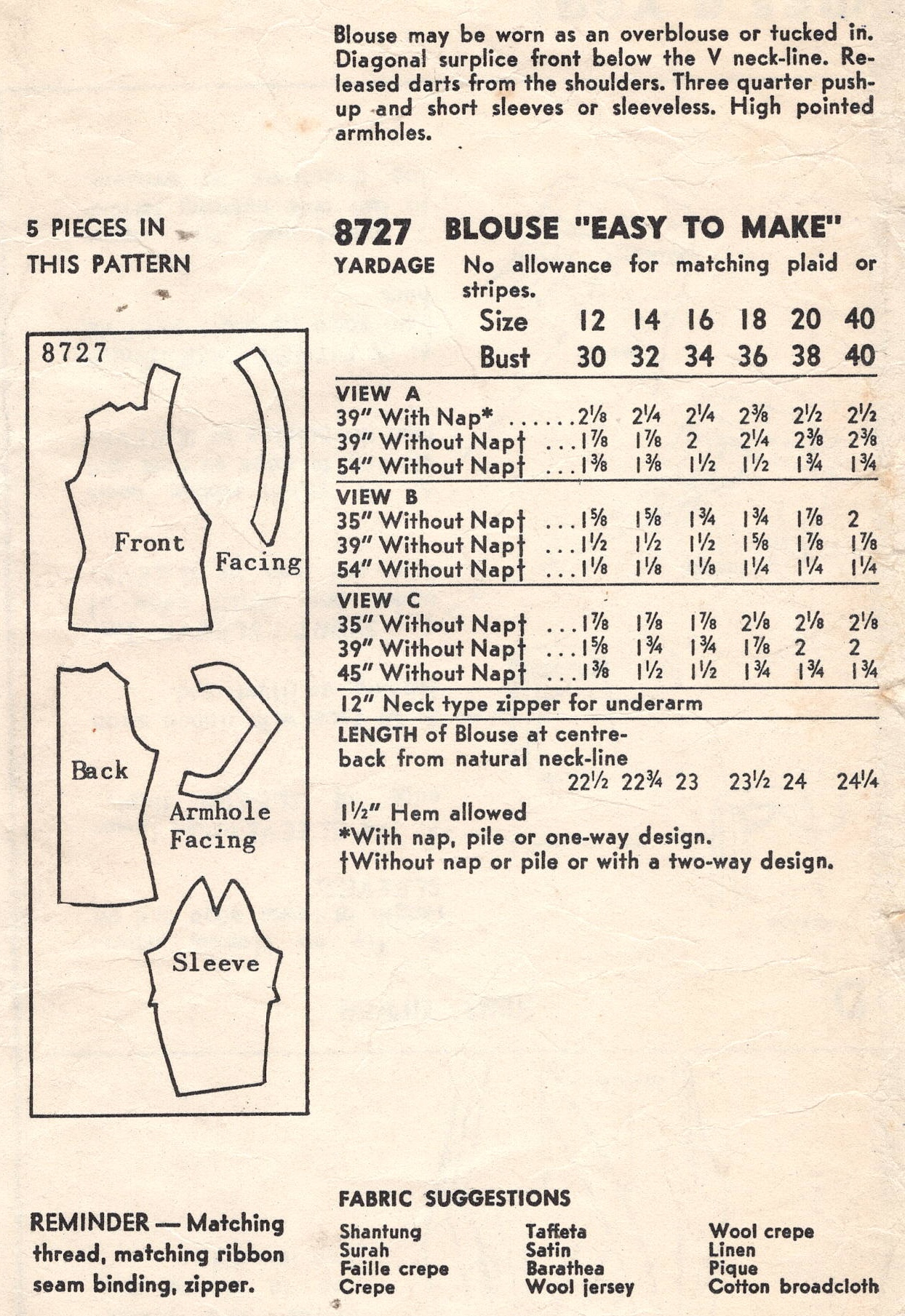 1955 Vintage VOGUE Sewing Pattern (Bust 38”) BLOUSE (2501) By Vogue 8727 - Image 2