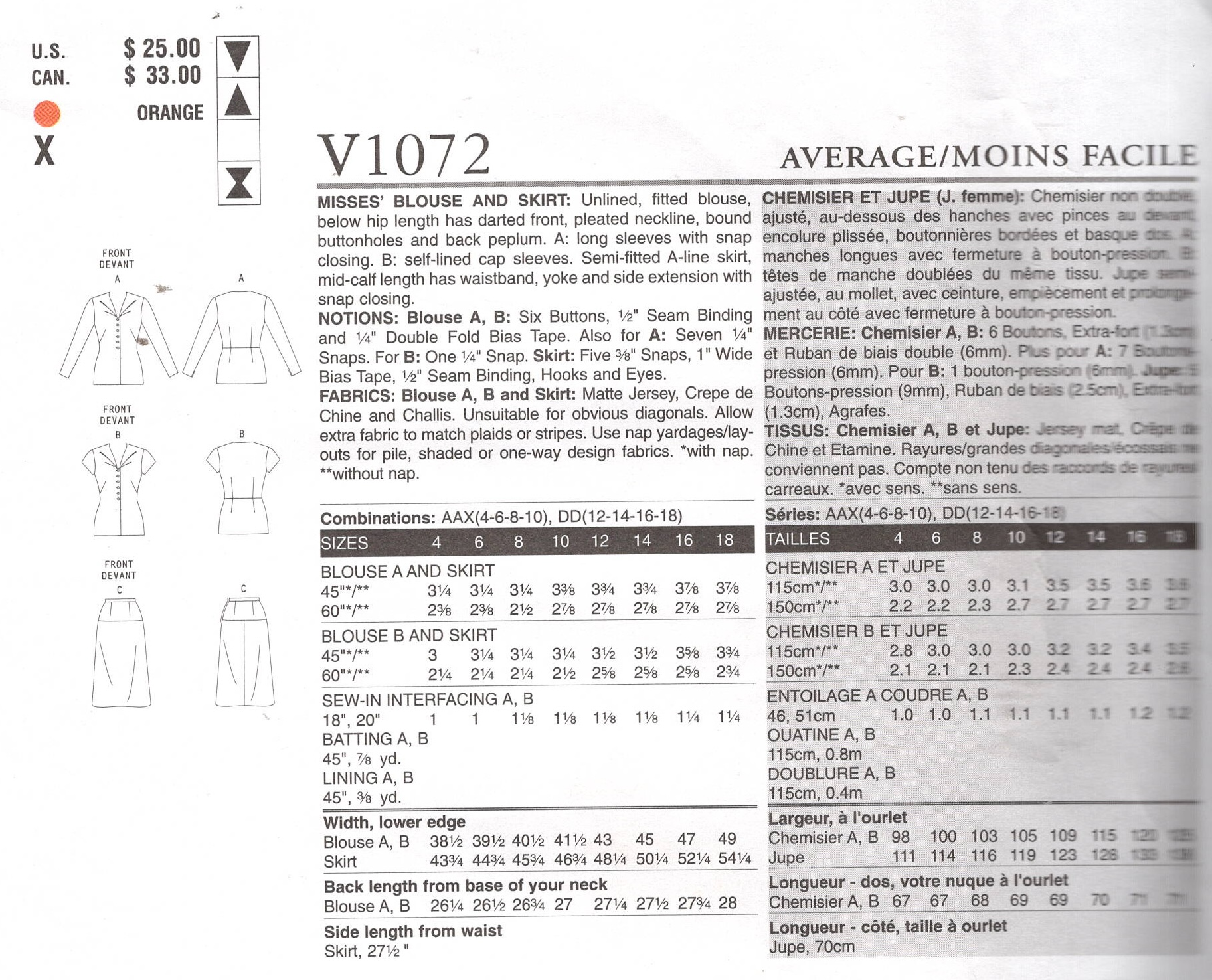 1948 Vintage VOGUE Sewing Pattern BLOUSE & SKIRT (Bust: 28 1/2”-30 1/2”-31 1/2”-32 1/2”) (2507) Vogue V1072 - Image 2