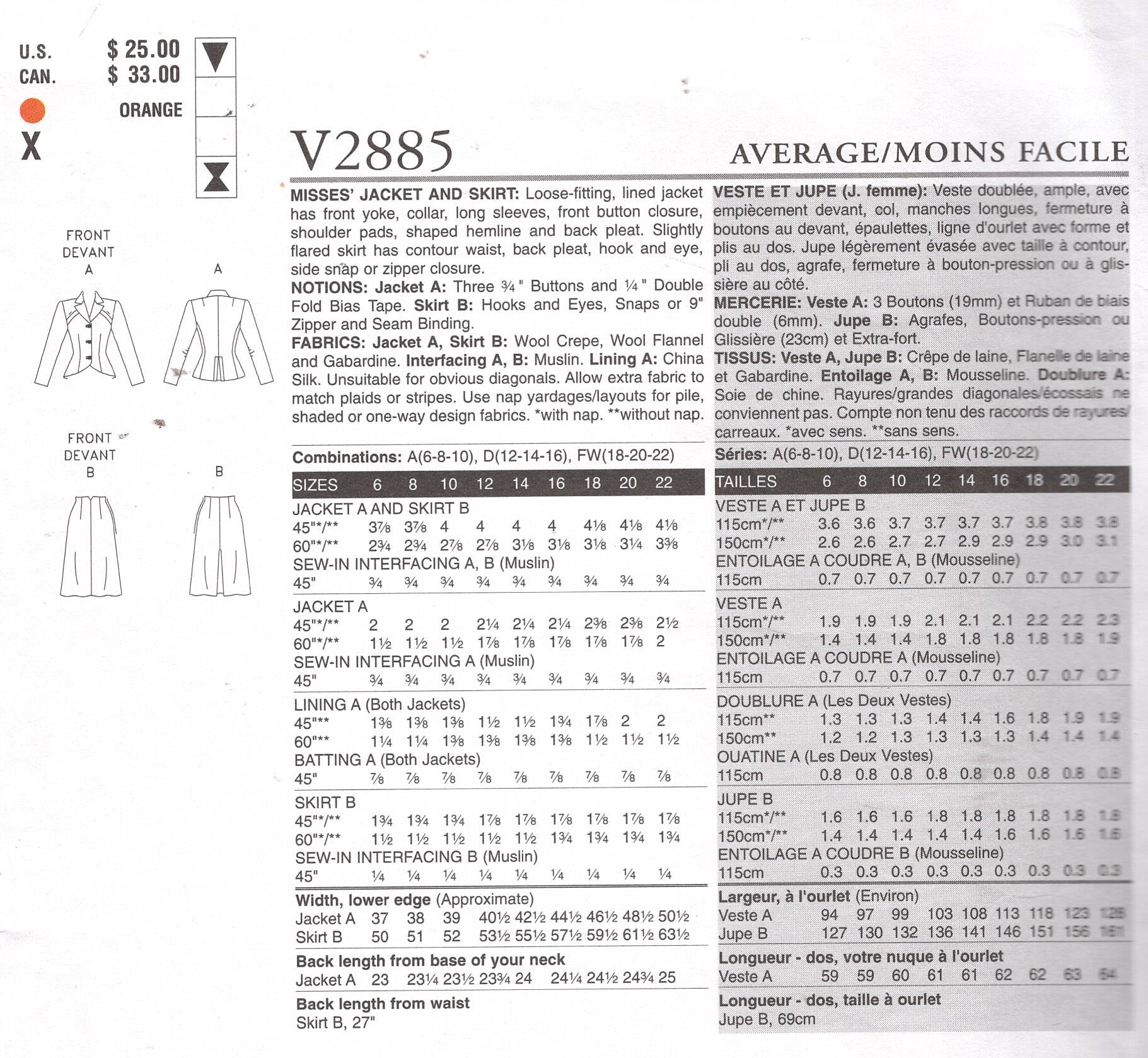 1944 Vintage VOGUE Sewing Pattern JACKET & SKIRT (Bust: 30 1/2”-31 1/2”-32 1/2”) (2512) Vogue V2885 - Image 2