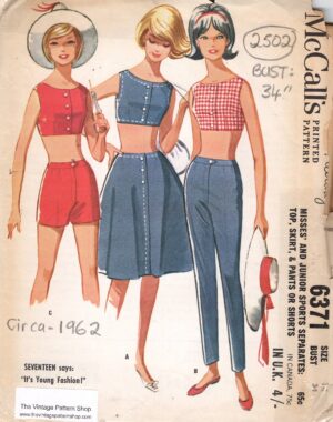 1962 Vintage Sewing Pattern B34 Pants Shorts Top Skirt (2502)  McCall's 6371