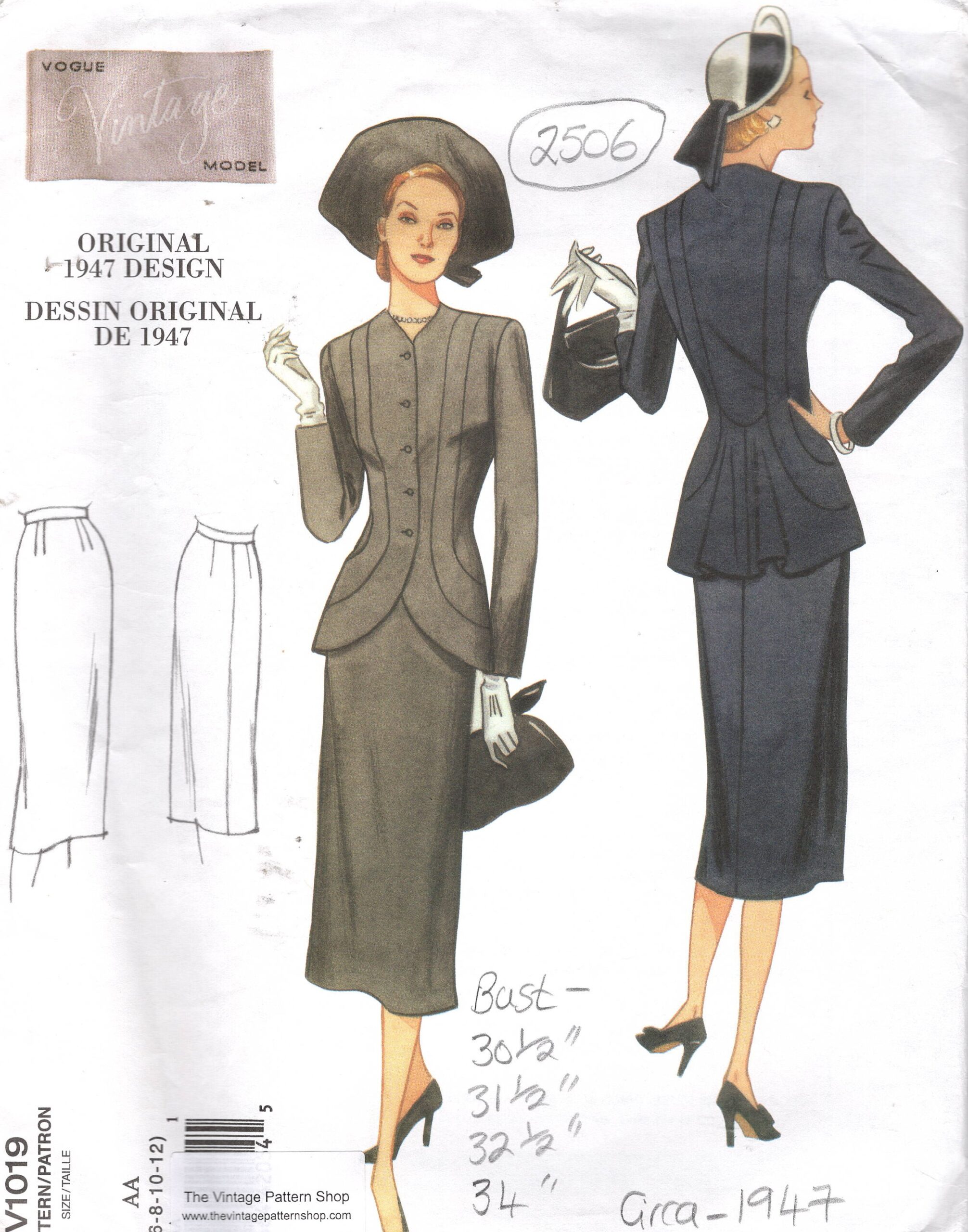 1947 Vintage VOGUE Sewing Pattern JACKET & SKIRT (Bust: 30 1/2”-31 1/2”-32 1/2” - 34") (2506) Vogue V1019