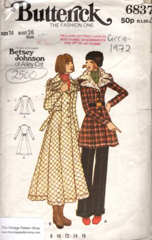 1972 Vintage Sewing Pattern B36″ COAT (2500) Butterick 6837 by Betsey Johnson of ALLEY CAT