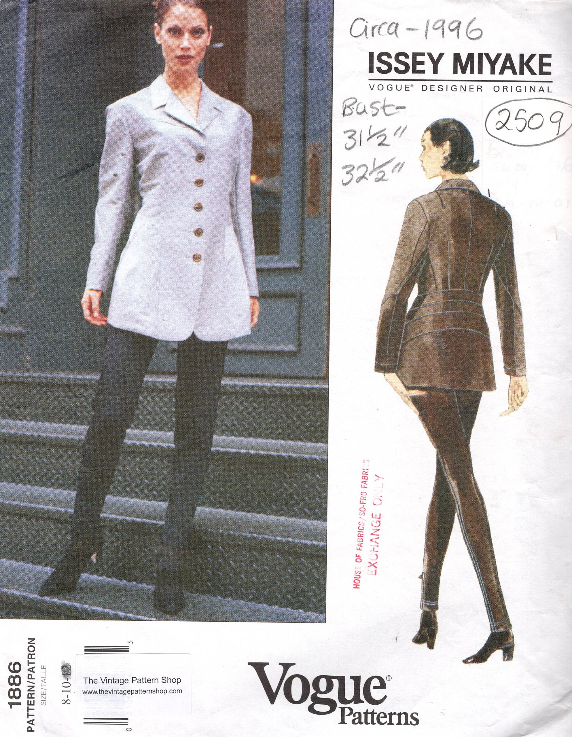 1996 Vintage VOGUE Sewing Pattern (Bust 31 1/2 - 32 1/2) Jacket and Leggings (2509) By Issey Miyake Vogue 1886