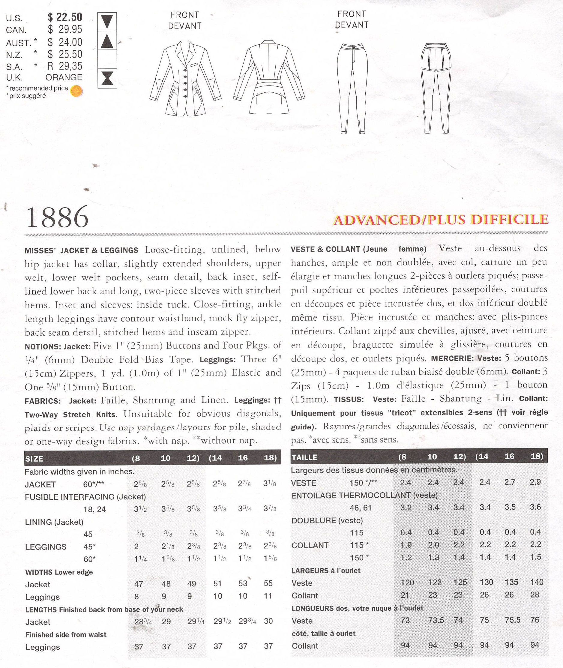 1996 Vintage VOGUE Sewing Pattern (Bust 31 1/2 - 32 1/2) Jacket and Leggings (2509) By Issey Miyake Vogue 1886 - Image 2