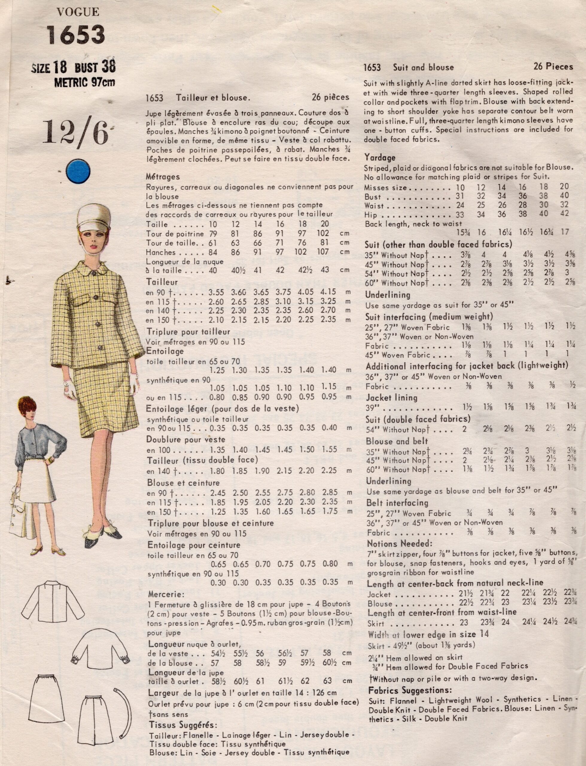 1966 Vintage VOGUE Sewing Pattern B38” SUIT - Jacket Skirt and Blouse (2538) By Gres Vogue 1653 - Image 2