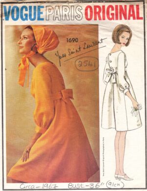 Vintage Yves Saint Laurent VOGUE 1690 Sewing Pattern, 1967 Designer DRESS (Bust 36”) (2541)