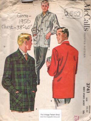 1956 Vintage Sewing Pattern MEN'S SPORTS JACKET (Medium: 38”- 40”) (2552) McCall’s 3741