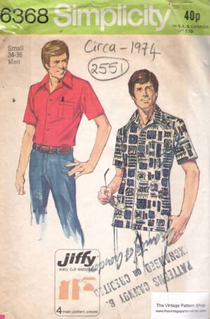 1974 Vintage Sewing Pattern MEN'S JIFFY SHIRT (Small: 34”-36”) (2551) Simplicity 6368