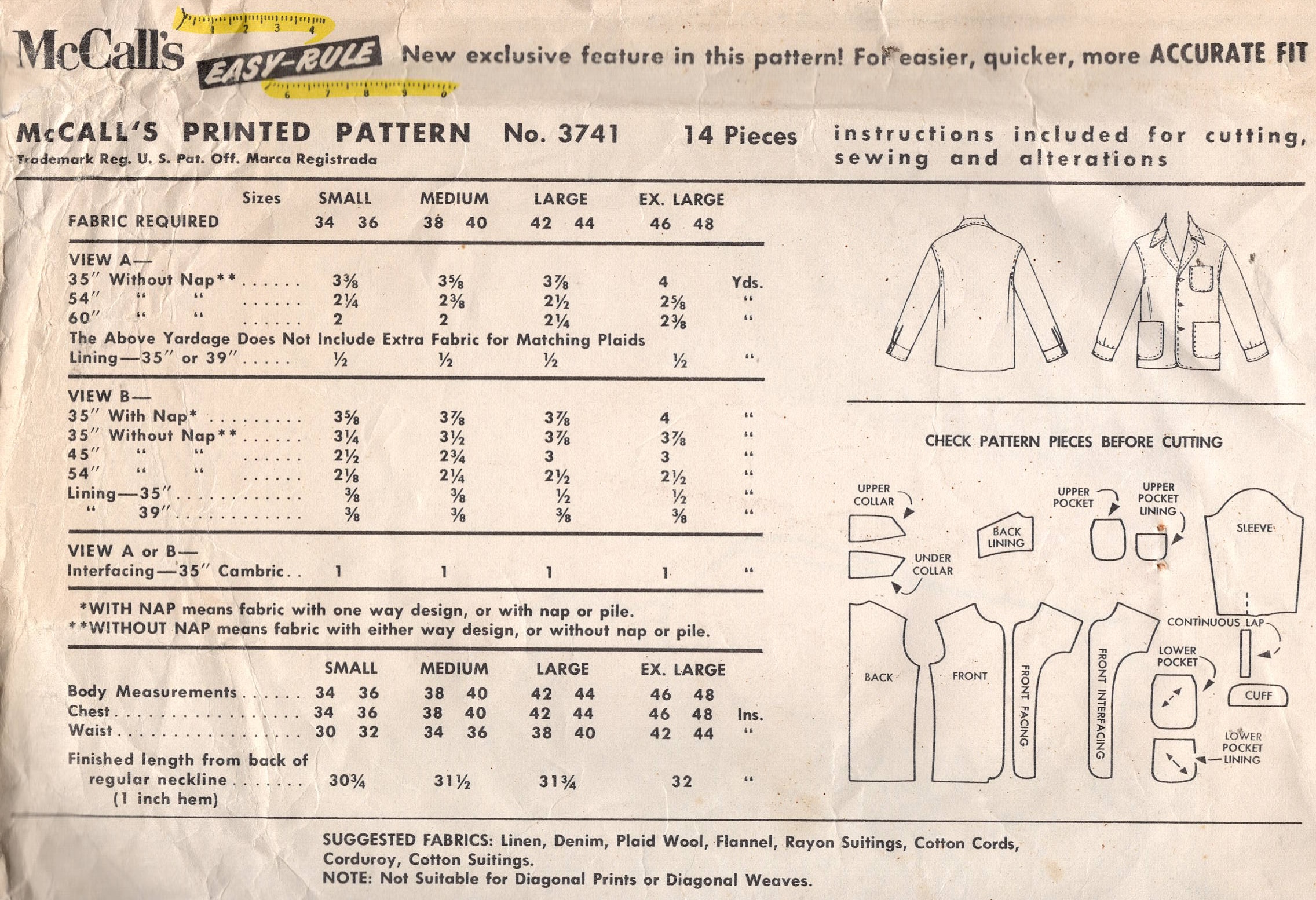 1956 Vintage Sewing Pattern MEN'S SPORTS JACKET (Medium: 38”- 40”) (2552) McCall’s 3741 - Image 2