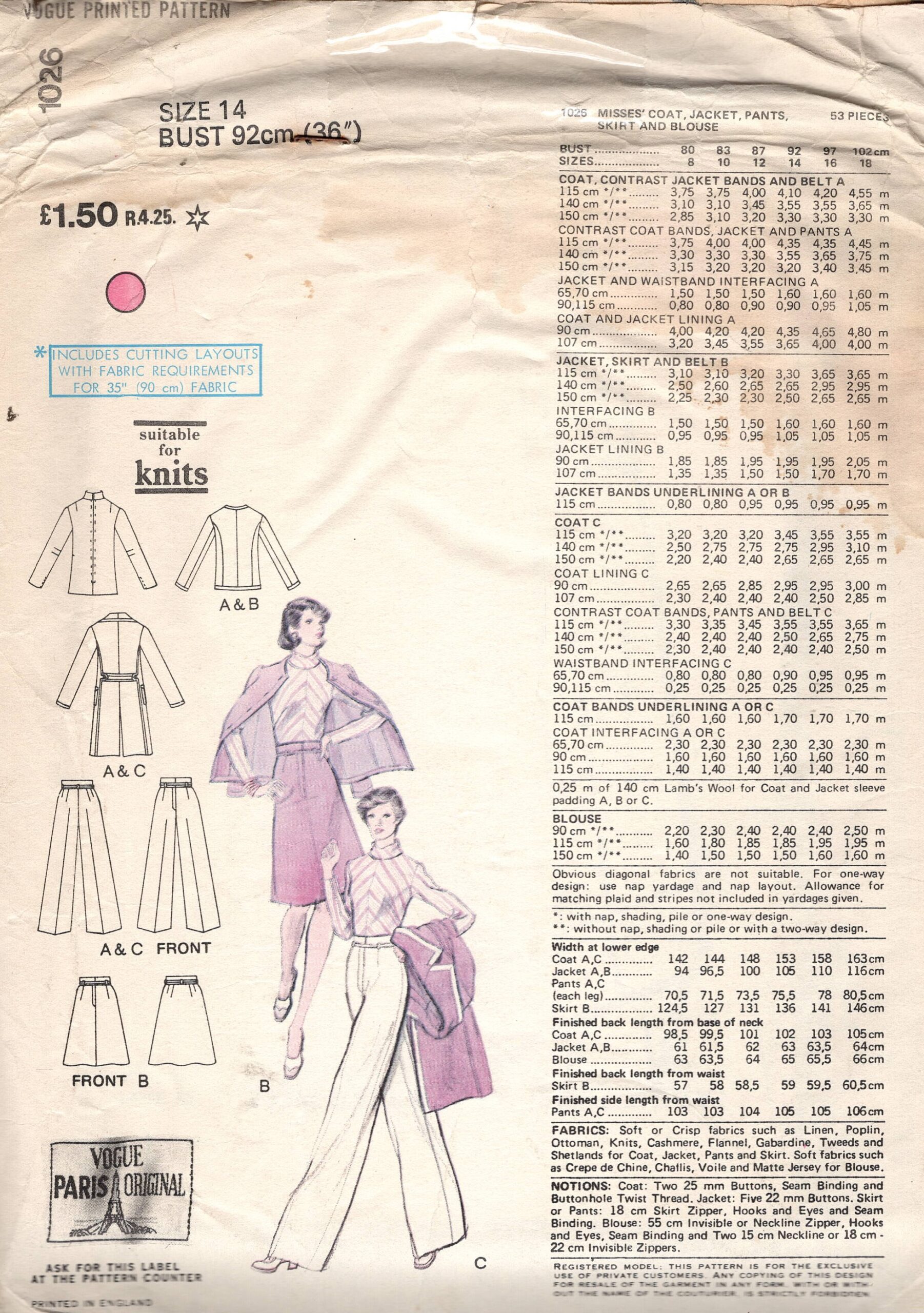1974 Vintage VOGUE Sewing Pattern B36” Coat Jacket Pants skirt & Blouse (2553) PIERRE BALMAIN Vogue 1026 - Image 3