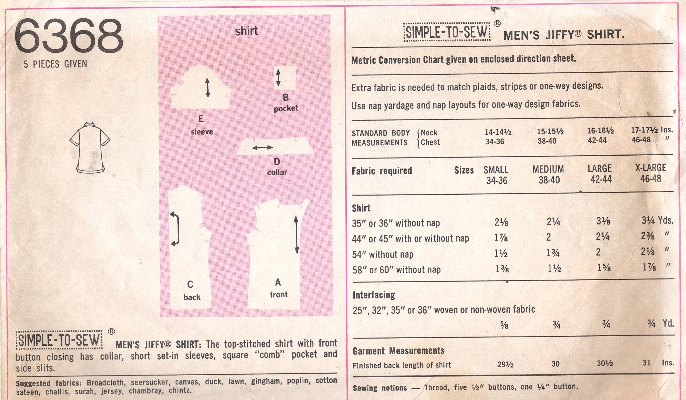 1974 Vintage Sewing Pattern MEN'S JIFFY SHIRT (Small: 34”-36”) (2551) Simplicity 6368 - Image 2