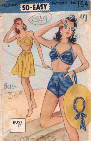 1940s WW2 Vintage Sewing Pattern B36” Sun-Suit Skirt Bikini (2549) By Weldons 154