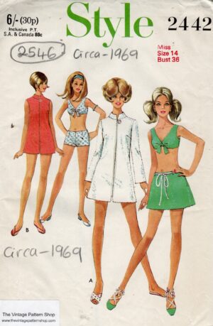 1969 Vintage Sewing Pattern B36″ Beach Robe, Bikini & Skirt (2546) By Style 2442