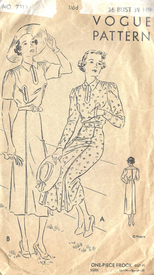 1930s-Vintage-VOGUE-Sewing-Pattern-B36-ONE-PIECE-DRESS-FROCK-1384-261729857870