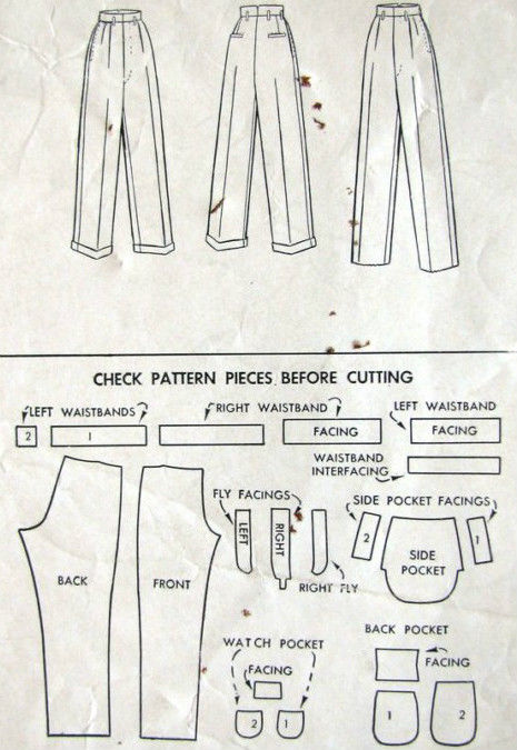 1940s-WW2-Vintage-Sewing-Pattern-W38-MENS-PANTS-TROUSERS-1311-261548622510-2
