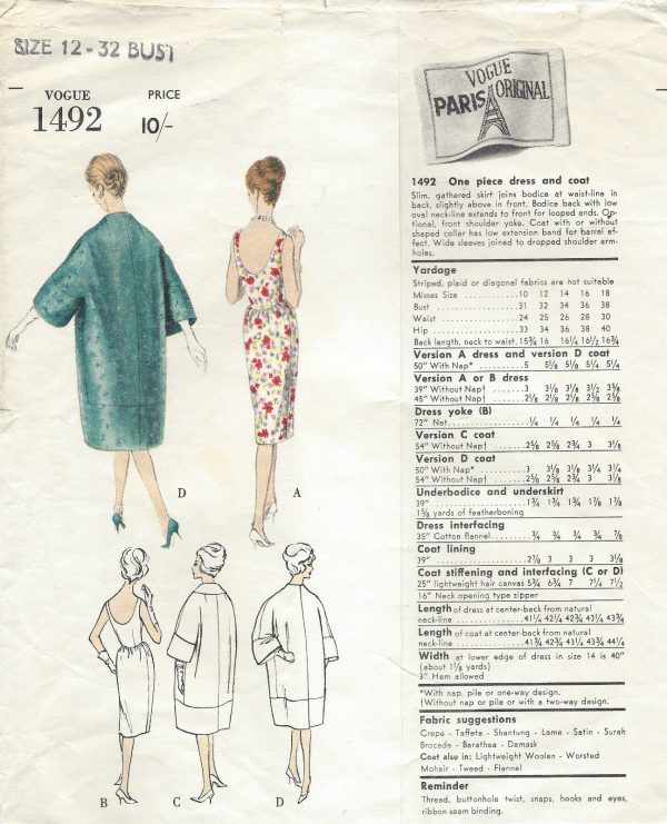 1950s-Vintage-VOGUE-Sewing-Pattern-COAT-DRESS-B32-R253R-Guy-Laroche-261303501770-2