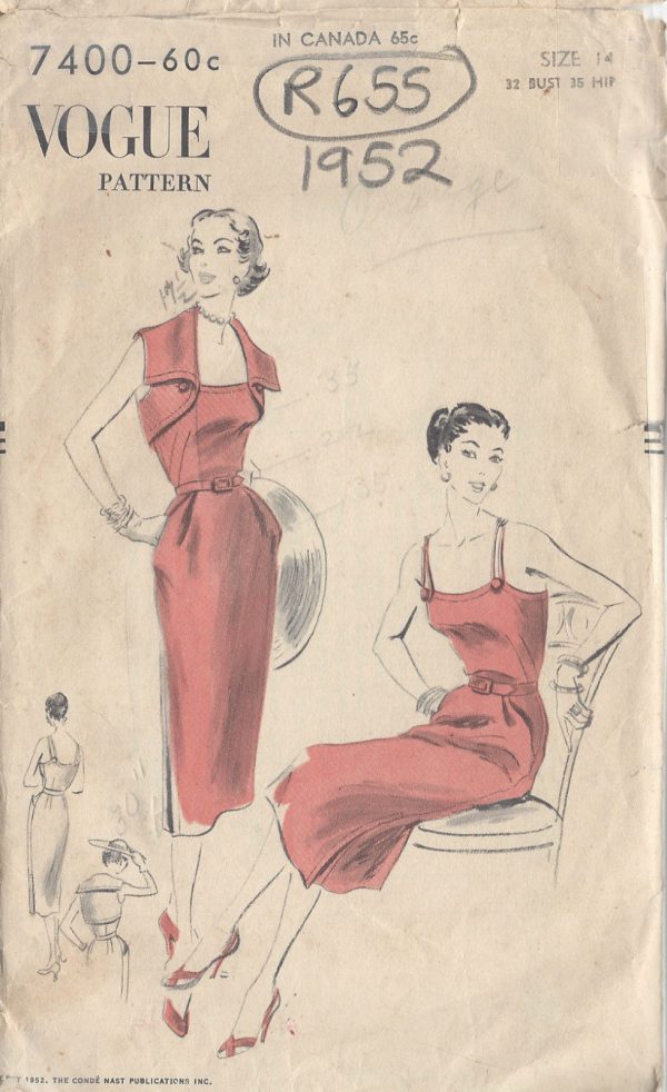 1952-Vintage-VOGUE-Sewing-Pattern-B32-DRESS-BOLERO-R655-251177164200