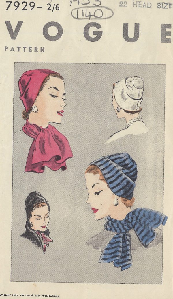 1953-Vintage-VOGUE-Sewing-Pattern-HAT-SCARF-S22-1140-251499984570