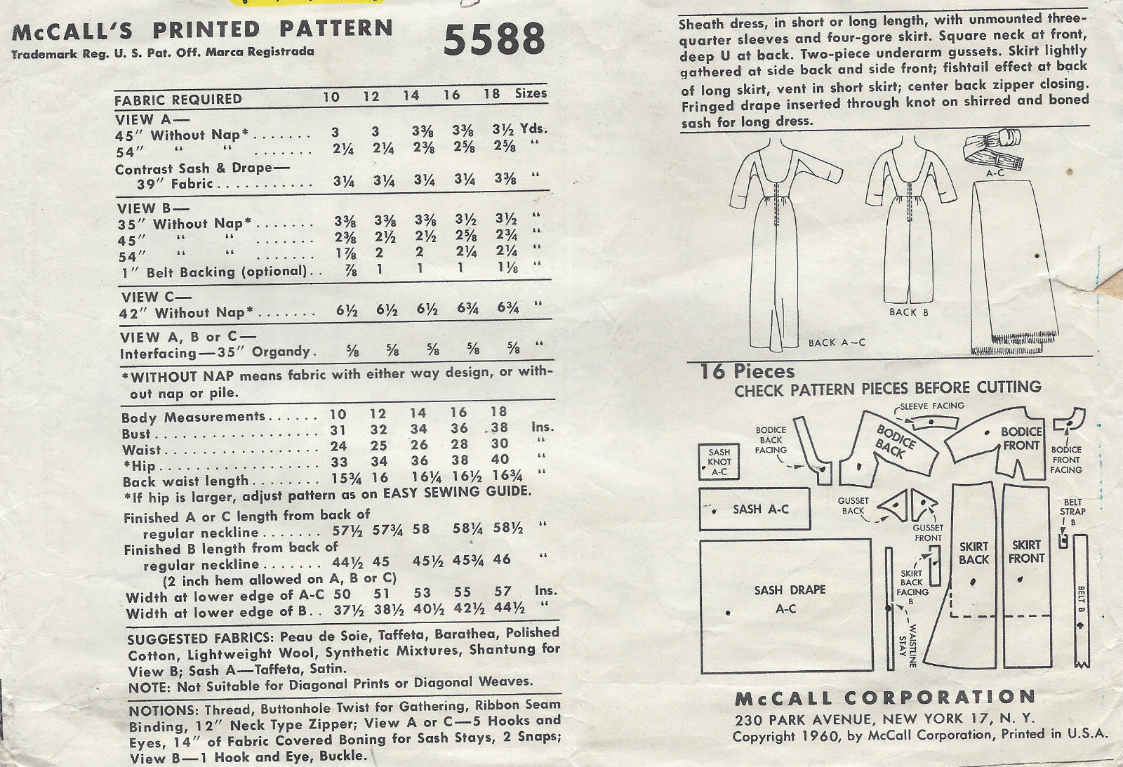 1960 Vintage Sewing Pattern B36in DRESS (R422) - The Vintage Pattern Shop