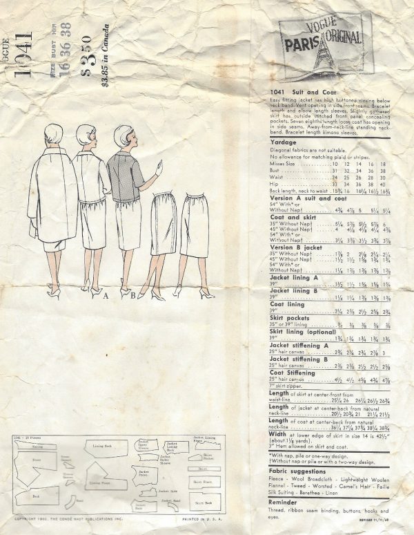 1960-Vintage-VOGUE-Sewing-Pattern-B36-SUIT-COAT-JACKET-SKIRT-1379-Dior-251778064660-3