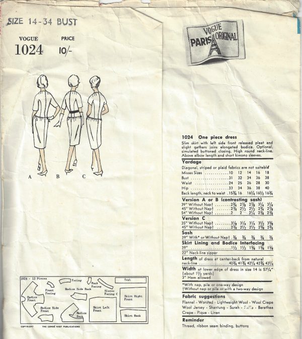 1960-Vintage-VOGUE-Sewing-Pattern-OWO-PIECE-DRESS-B34-1583-Guy-Laroche-252315524380-2