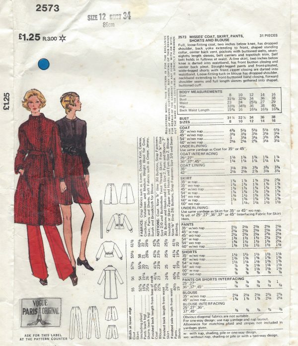Pleated Blouse and Skirt Sewing Pattern 3 Sizes UK 12 14 16  Bust 34 36 38 UNCUT Vogue 2111 Career Wardrobe Tamotsu Wool Coat Jacket