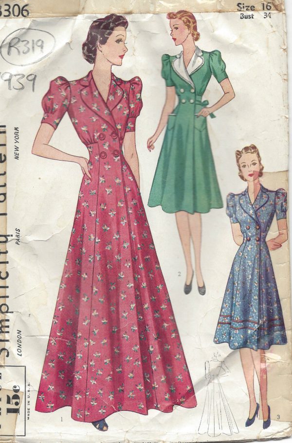 1939-Vintage-Sewing-Pattern-B34-HOUSECOAT-DRESS-R319-251154317991