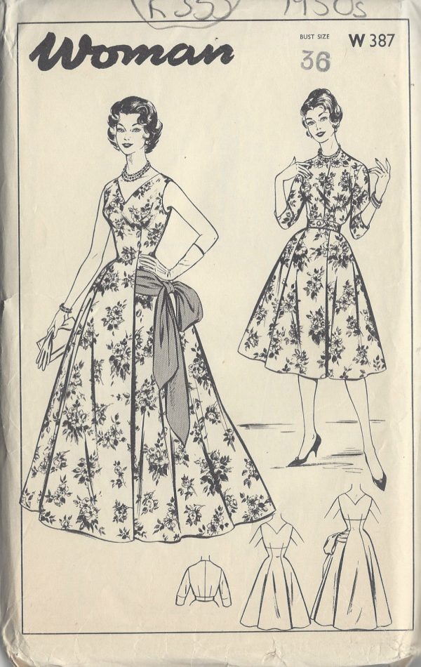 1950s-Vintage-Sewing-Pattern-B36-EVENING-SHORT-DRESS-JACKET-R355-251157960111