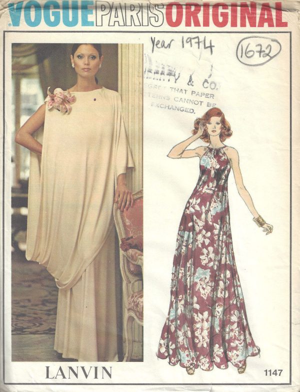 1974-Vintage-VOGUE-Sewing-Pattern-B36-EVENING-DRESS-TOGA-1672-By-LANVIN-262496809031