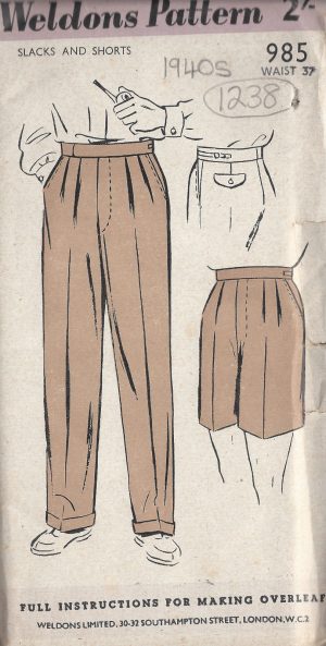 1940s WW2 Vintage Sewing Pattern W30 H40 WOMENS PANTS TROUSERS