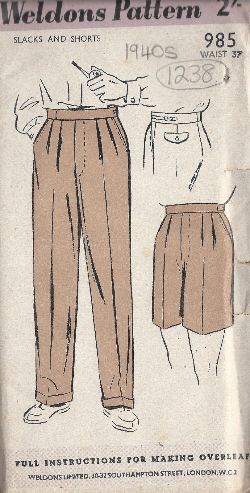 Vintage Sewing Pattern Repro 1940s High Waist Trousers Workwear or
