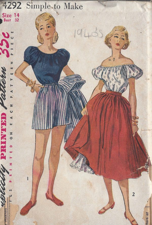 1953-Vintage-Sewing-Pattern-B32-W26-12-SKIRT-BLOUSE-SHORTS-R705-251174286932