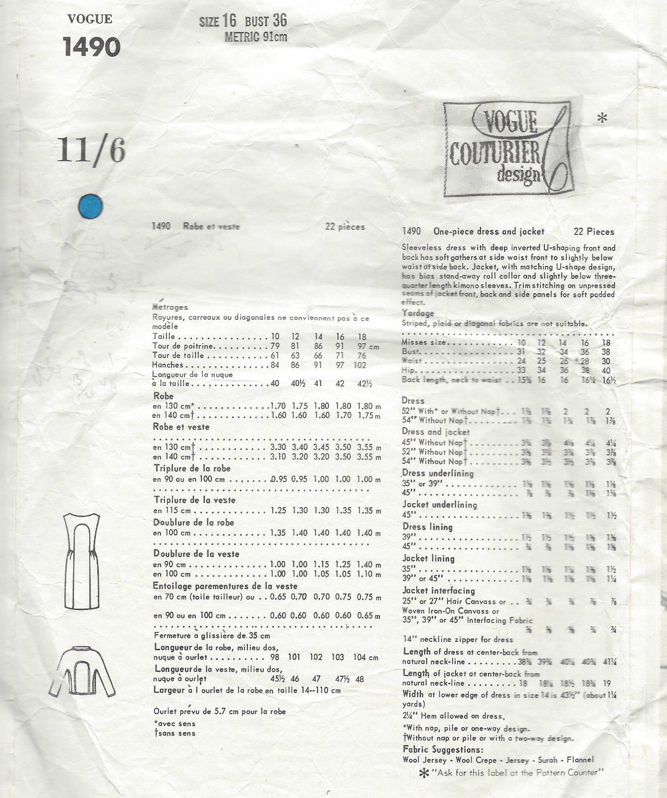 1965 Vintage VOGUE Sewing Pattern B36