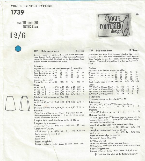 1967-Vintage-VOGUE-Sewing-Pattern-B36-TWO-PIECE-DRESS-1438R-Irene-Galitzine-252208829012-2