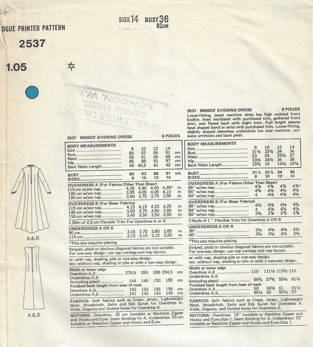 1971 Vintage VOGUE Sewing Pattern B36in EVENING DRESS (1669
