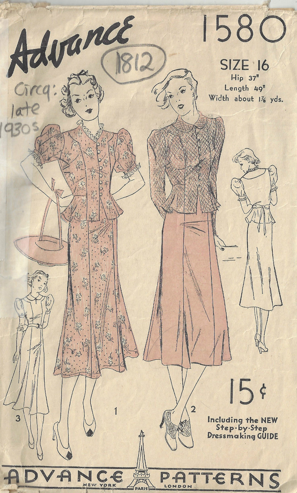 1301 1930s Vintage Sewing Pattern B34 DRESS 