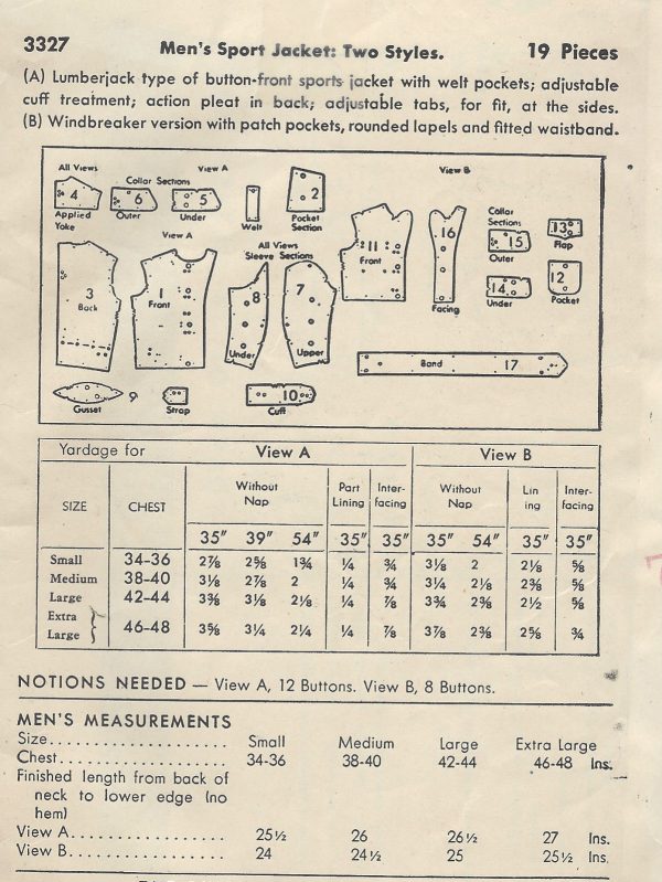 RR267 1940s Vintage Sewing Pattern MEN'S JACKET C38"-40" 