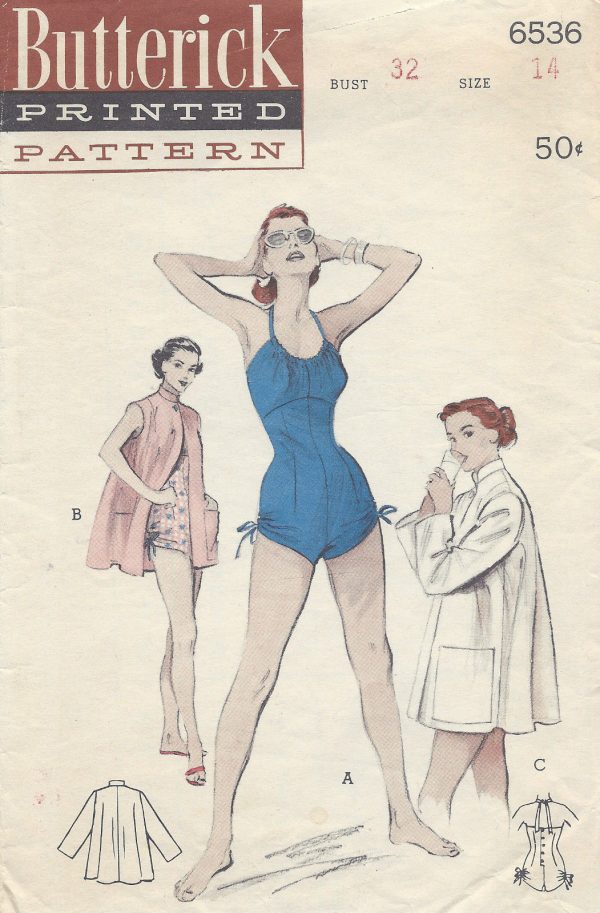 1950s-Vintage-Sewing-Pattern-B32-SWIMSUIT-BEACHCOAT-R968R-252564244793
