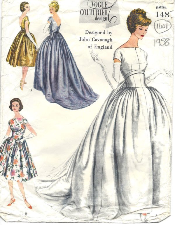 1958-Vintage-VOGUE-Sewing-Pattern-B34-EVENING-DRESS-GOWN-1401-BY-JOHN-CAVANAGH-251872668073