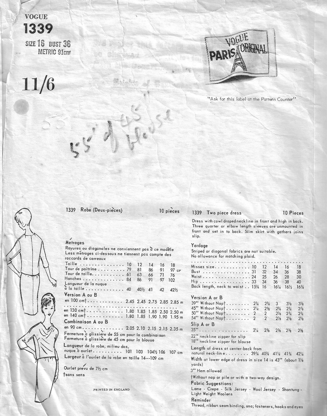 Vogue Paris Original Two Piece Dress Pattern by Guy Laroche---Vogue 1339---Size 14  Bust 34