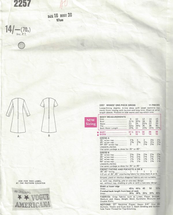 1969-Vintage-VOGUE-Sewing-Pattern-DRESS-B38-1558-By-Bill-Blass-262186873243-2