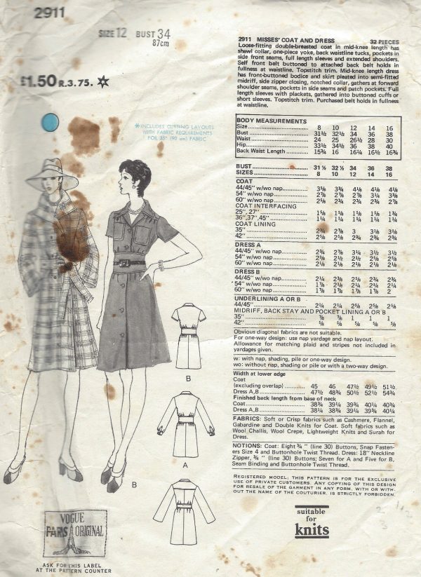 1973-Vintage-VOGUE-Sewing-Pattern-B34-COAT-DRESS-1520-Christian-Dior-252104558483-3