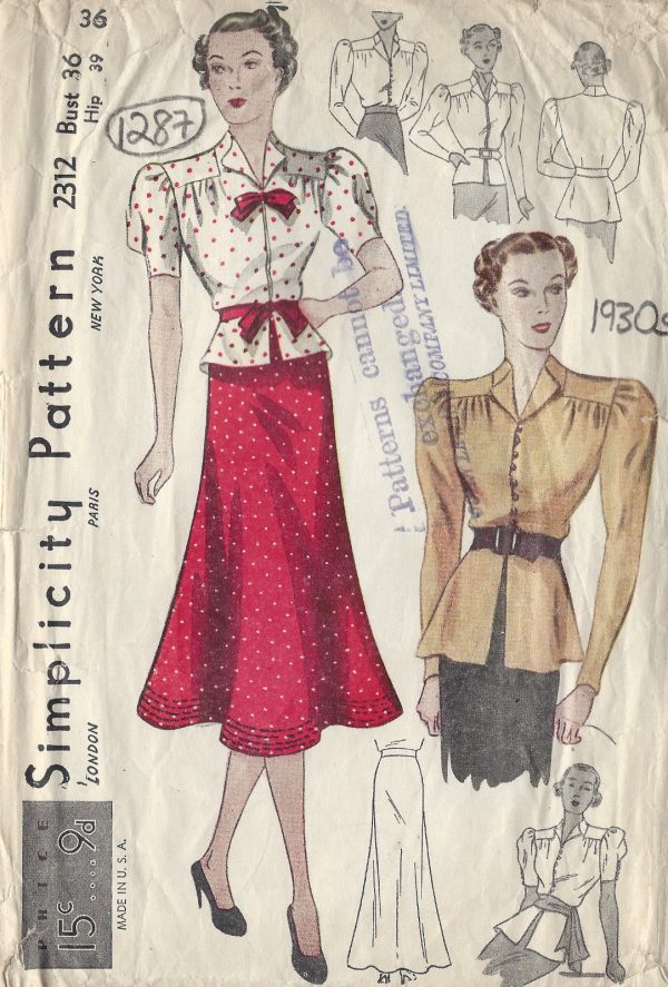 1930s-Vintage-Sewing-Pattern-B36-W30-BLOUSE-SKIRT-1287R-261510016704